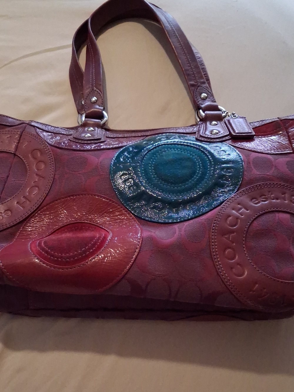 Coach Circle Patchwork Berry/Multicolor Tote Hand Bag Purse H1093 F15466